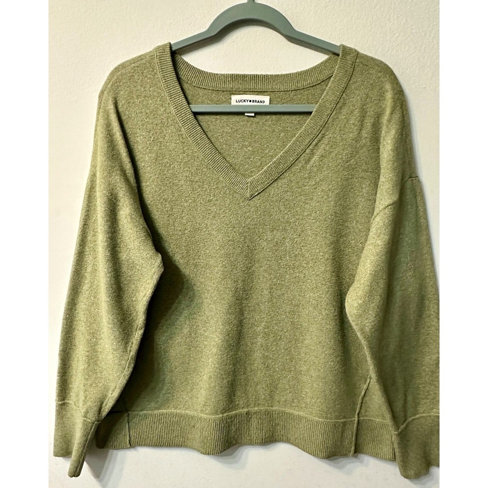 Lucky Brand Womens V-Neck Sweater Size L Olive Green Soft Knit Pullover